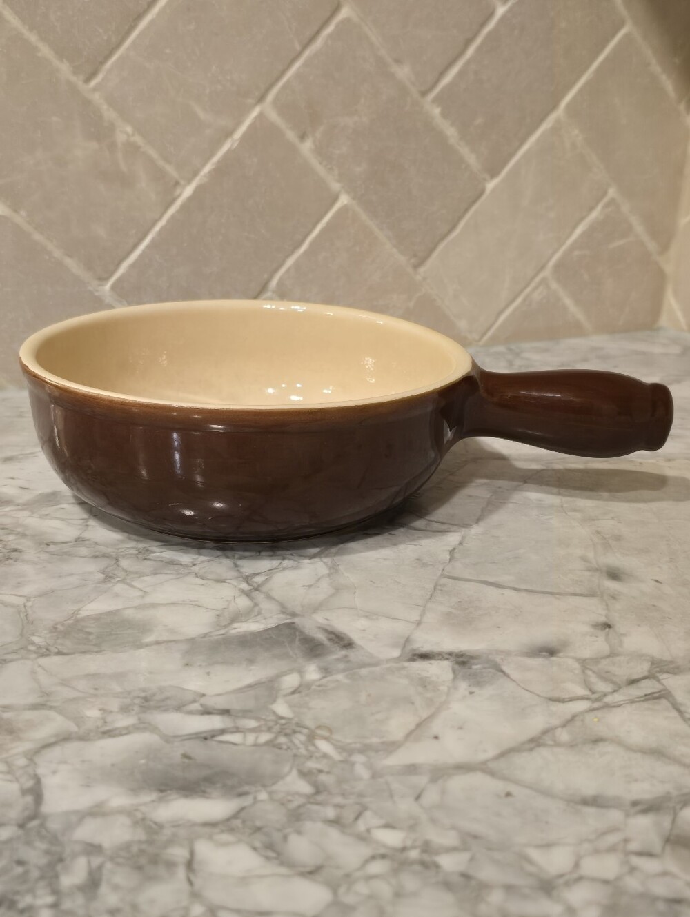 Vintage Emile Henry French Brown Stoneware Handled Baker Onion Soup Fondue Pot